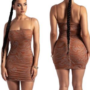 Meshki Mia Orange Brown Mesh Bodycon Mini Dress Women's Size Medium Sexy